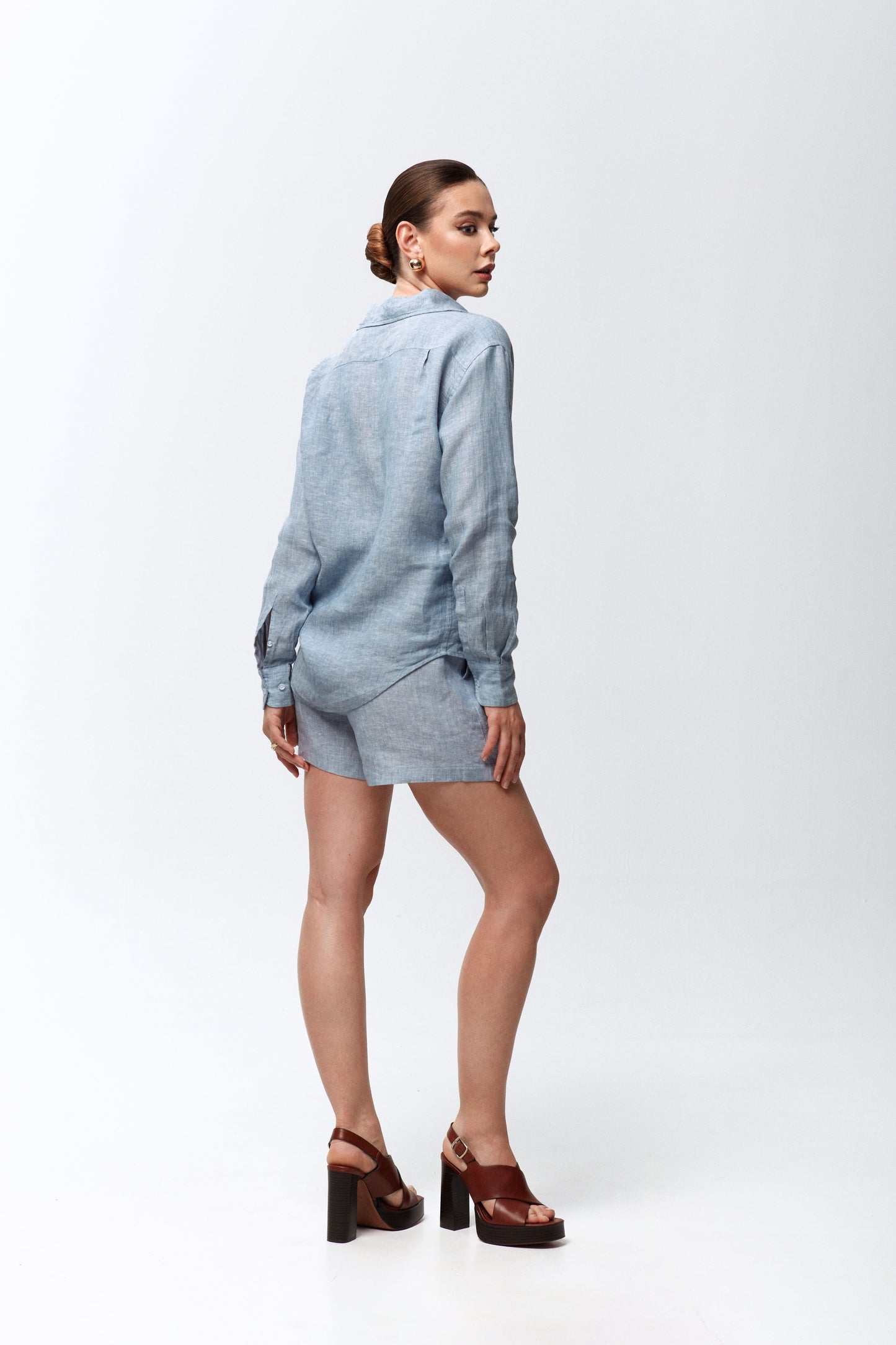 Blue linen set with shirt and shorts
