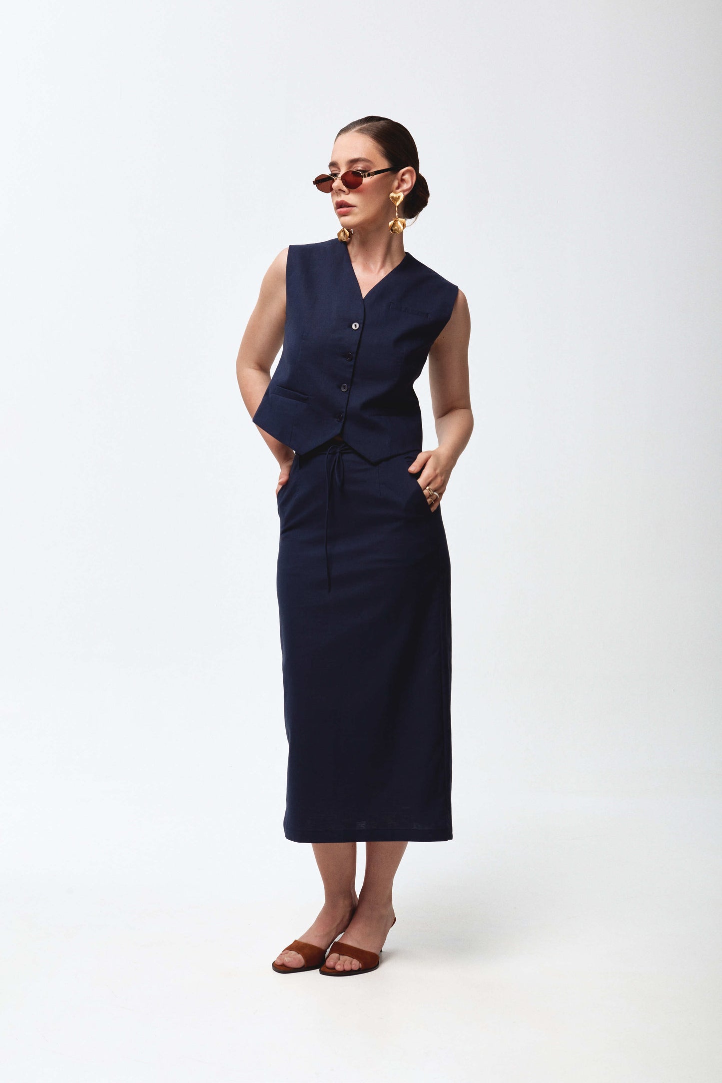 Navy blue linen set with vest and skirt
