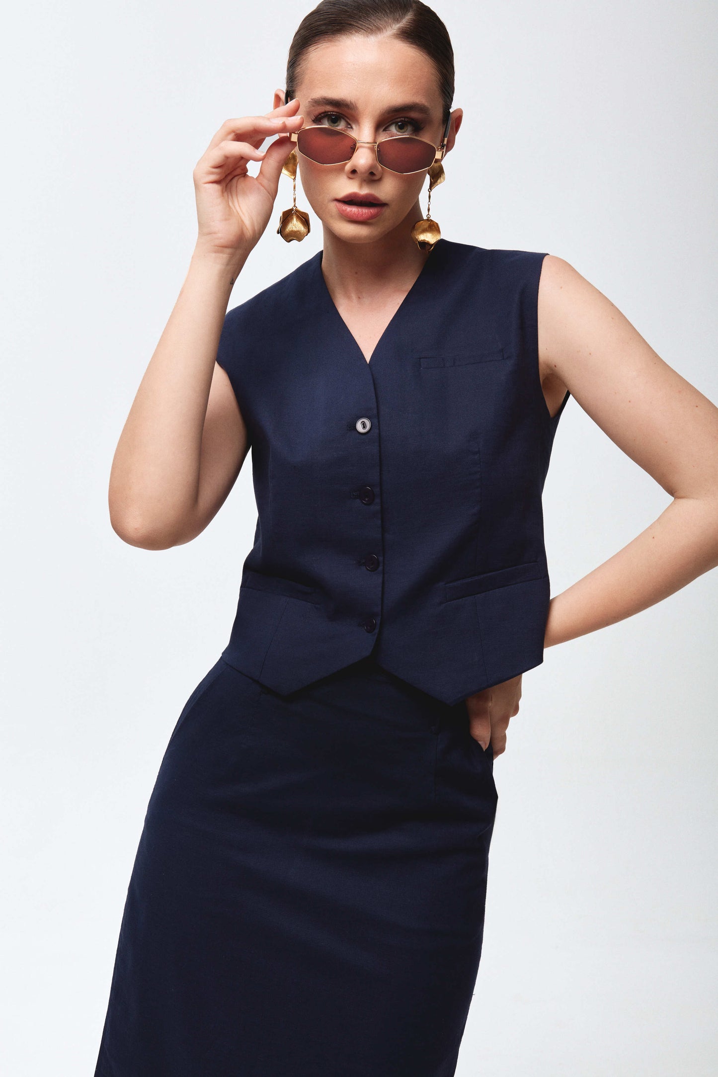 Navy blue linen set with vest and skirt