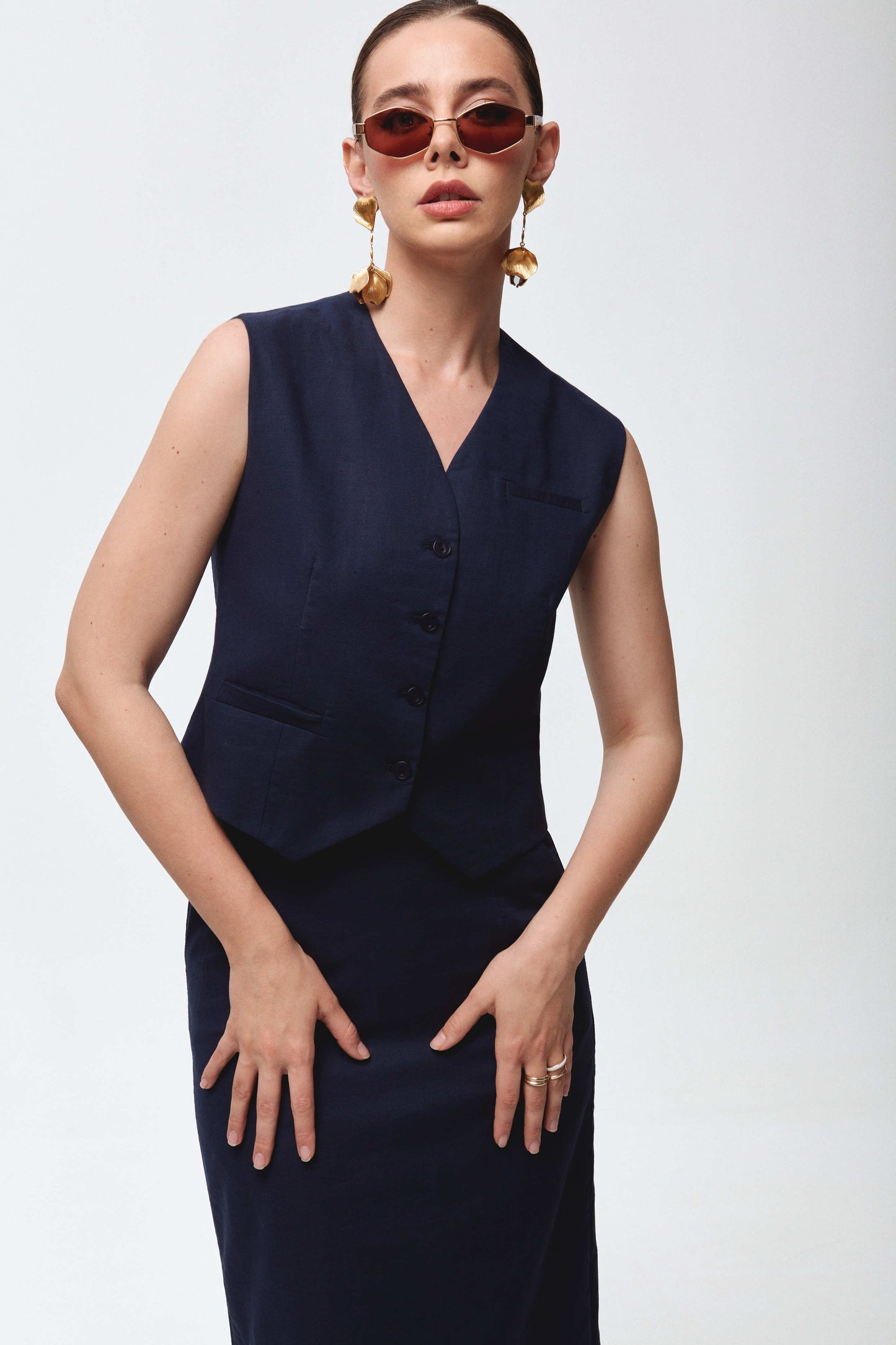 Navy blue linen set with vest and skirt