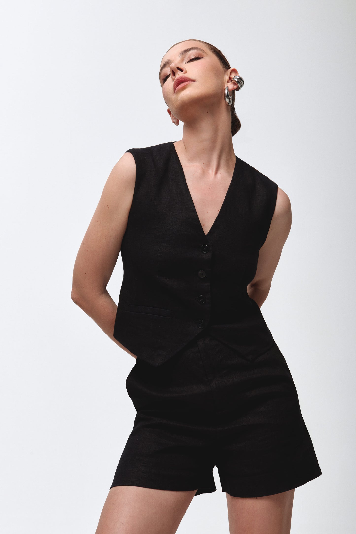 Black linen set with vest and shorts