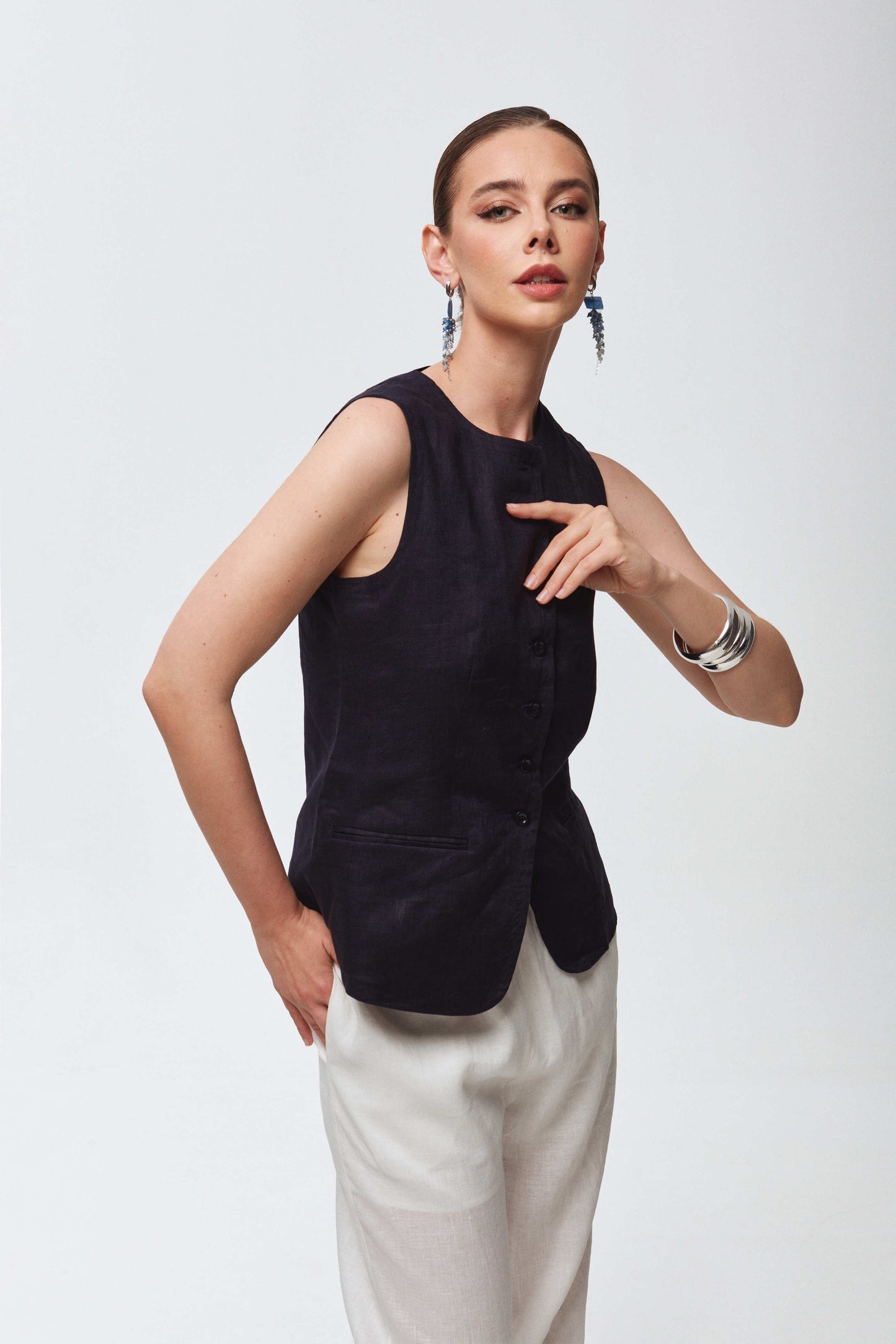 Navy blue linen set with vest and shorts