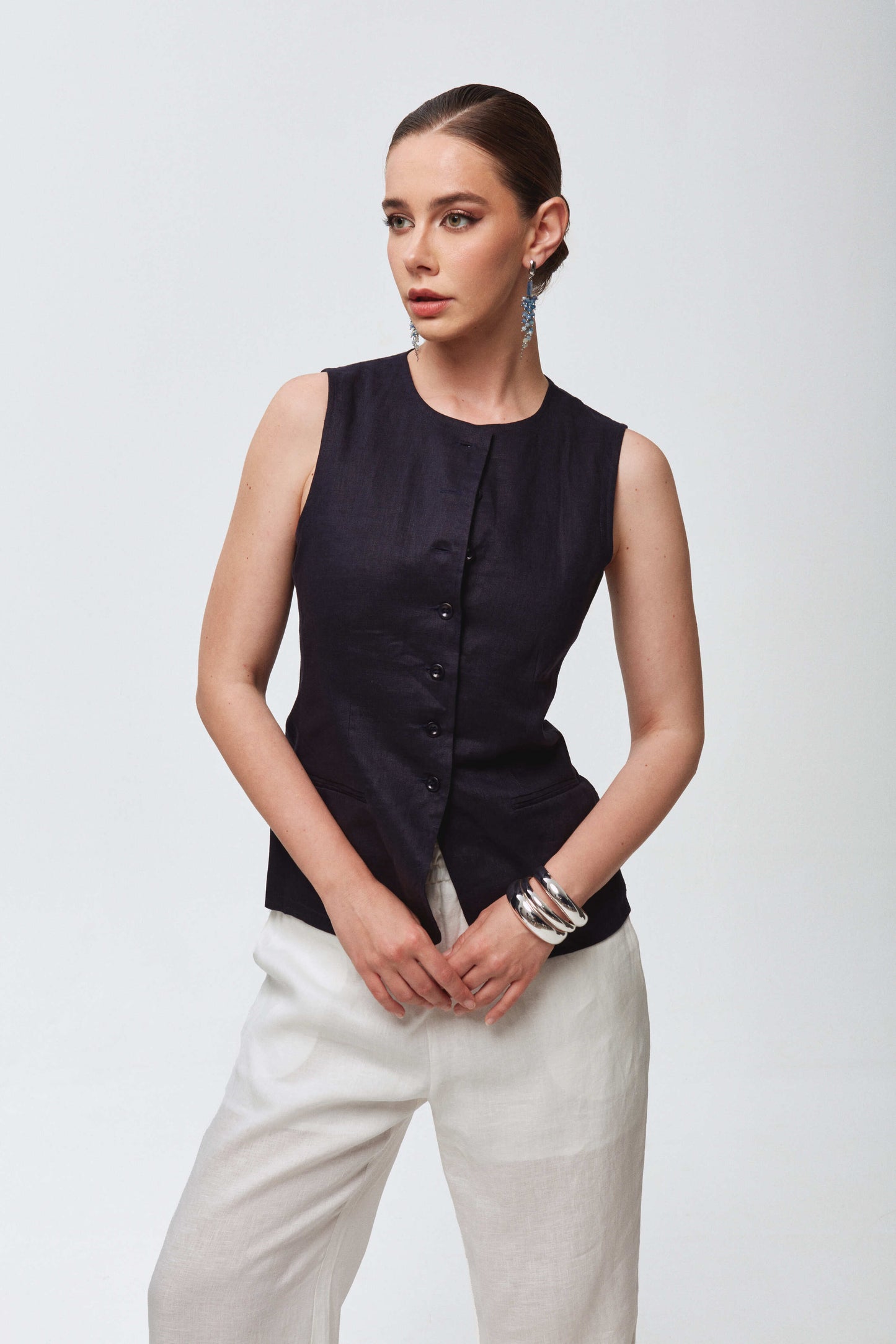 Navy blue linen set with vest and shorts