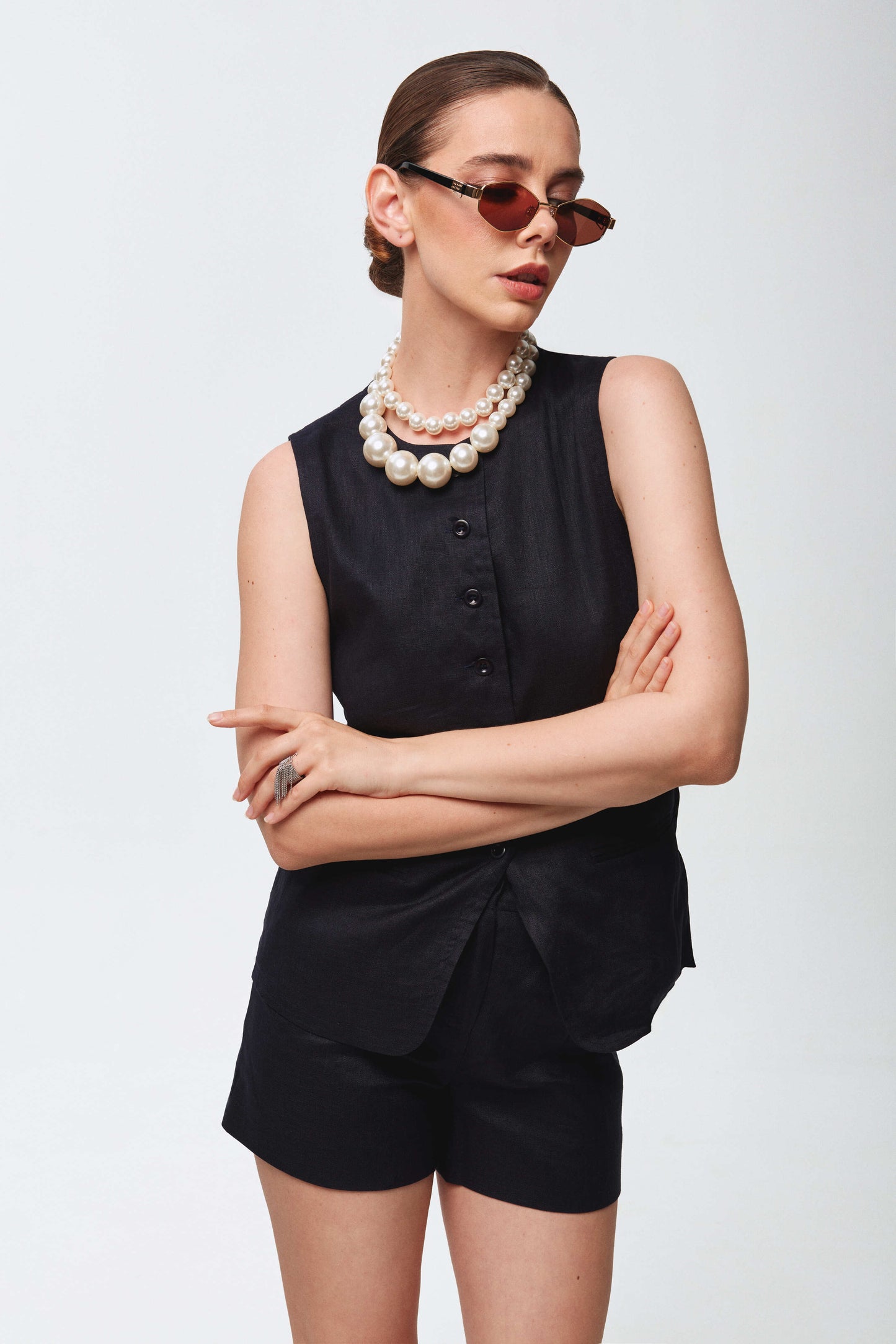 Navy blue linen set with vest and shorts
