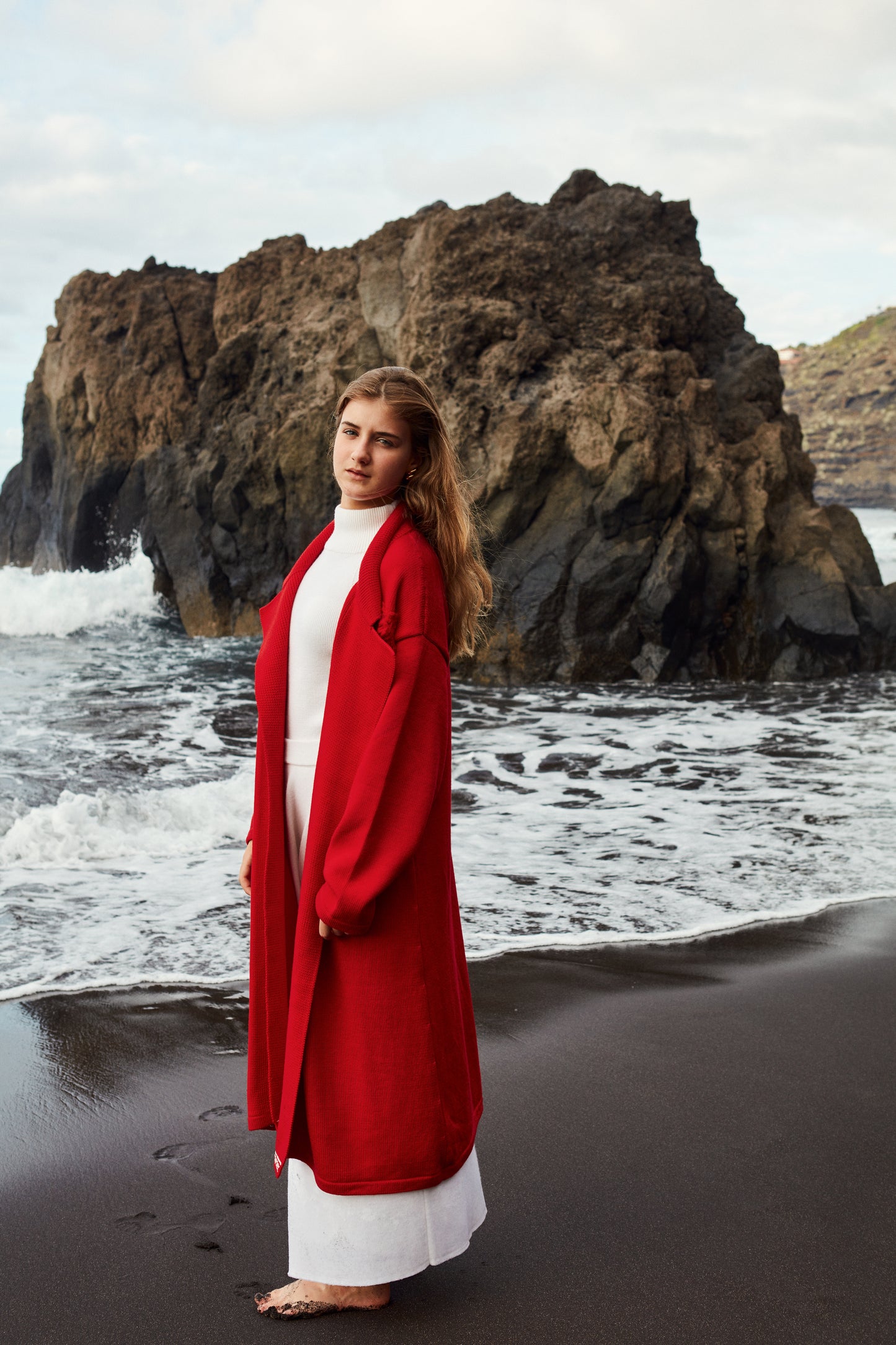 Red cardigan with minimalist embroidery