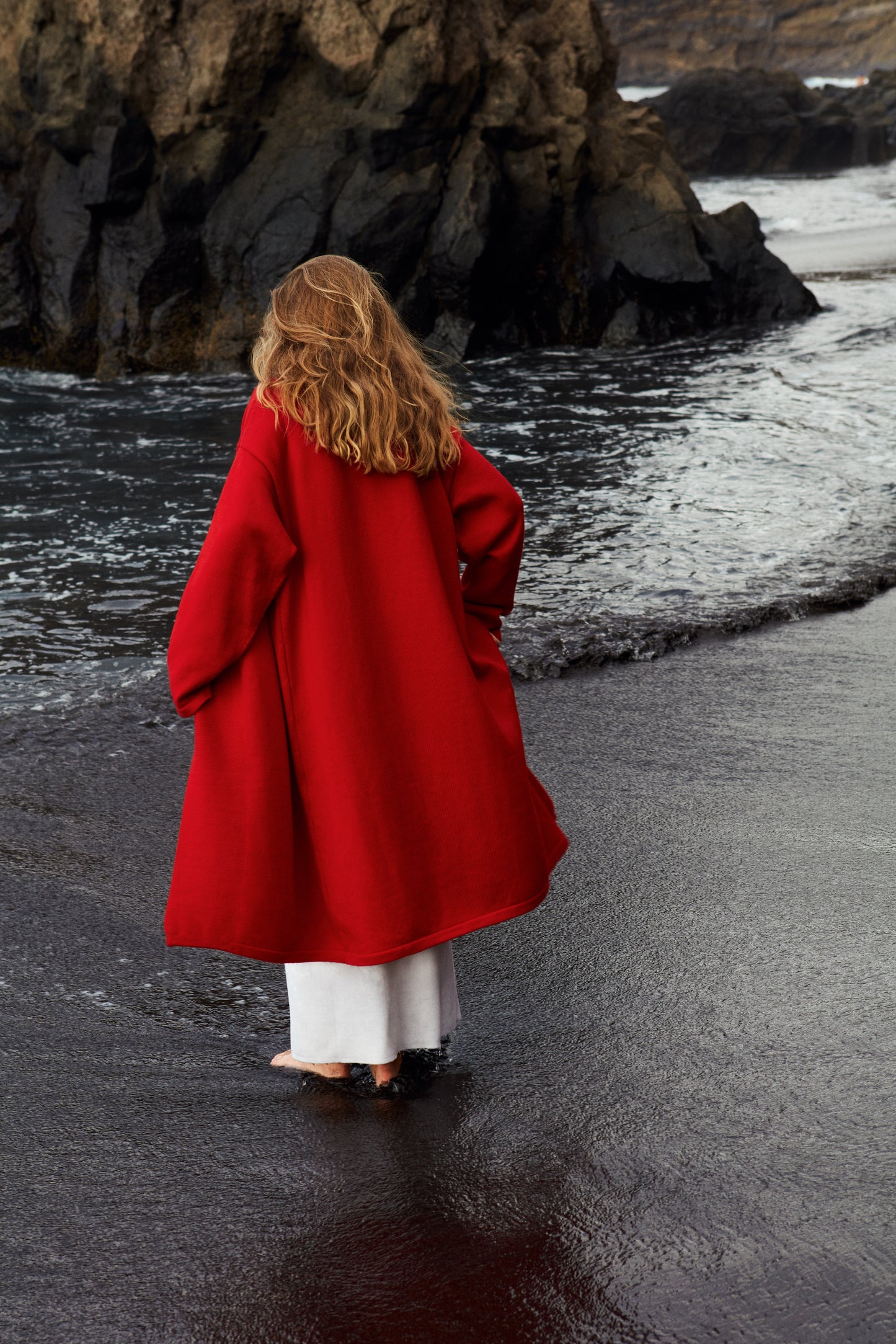Red cardigan with minimalist embroidery