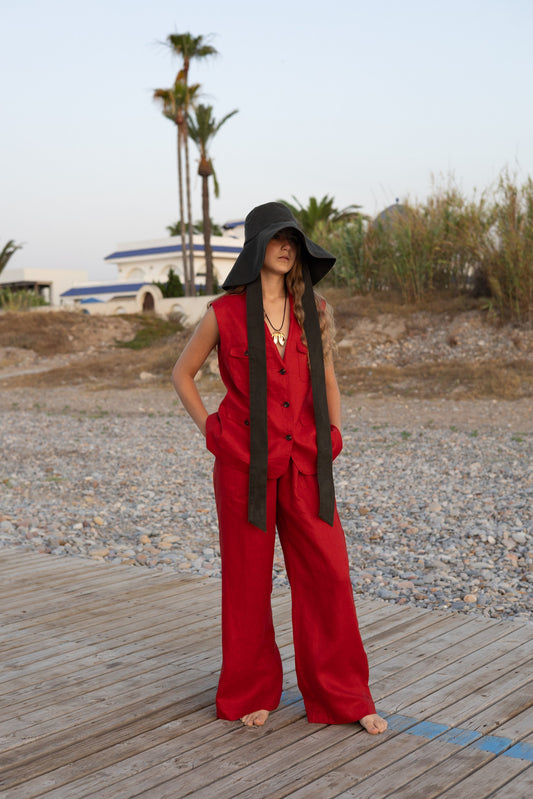 Red linen set with vest and trousers