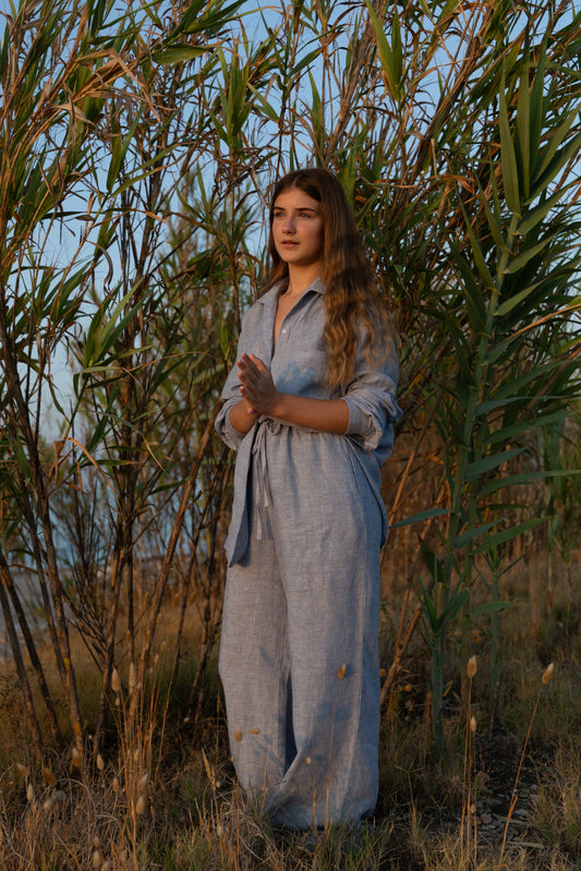 Blue linen set with shirt and trousers