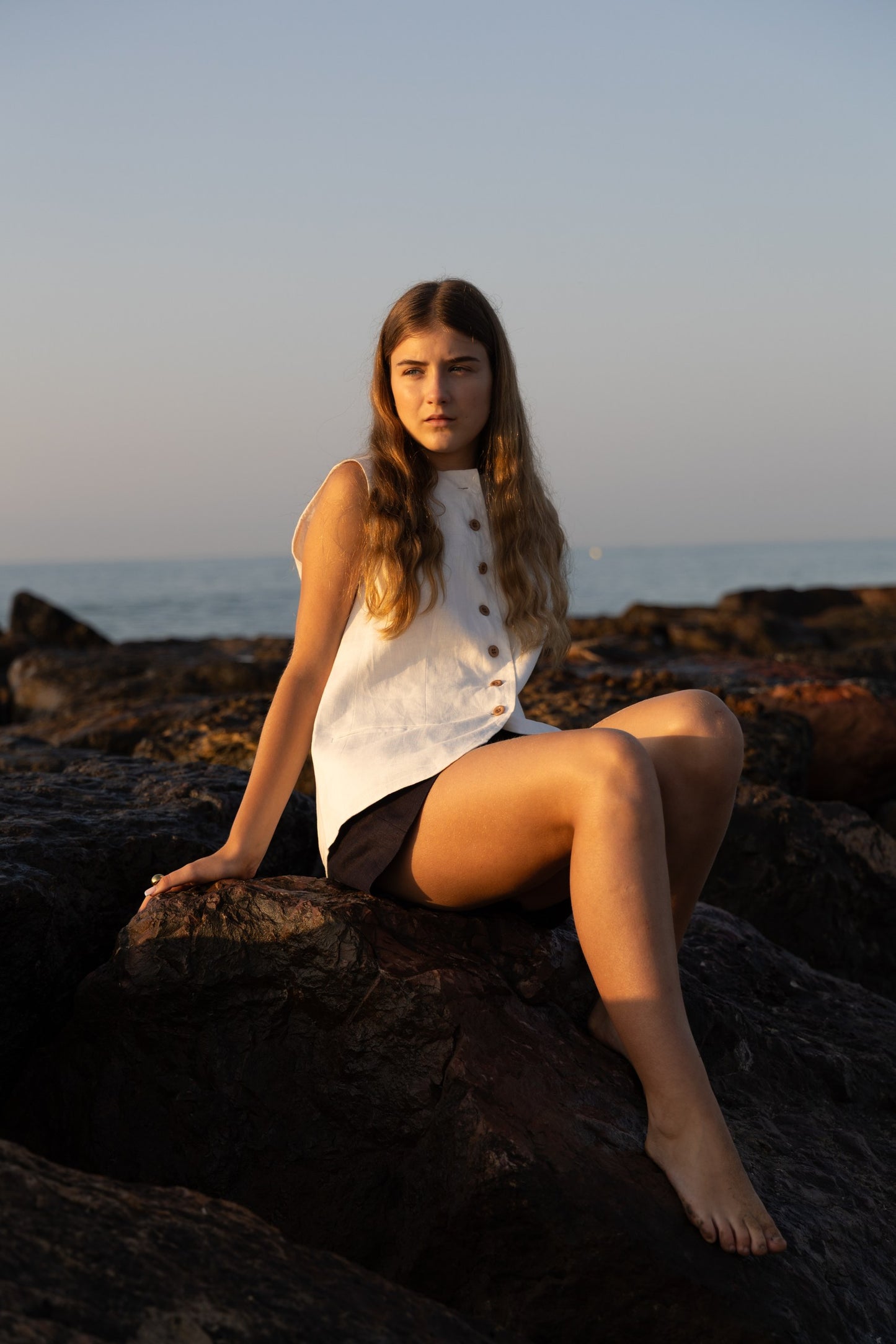 White linen set with vest and shorts