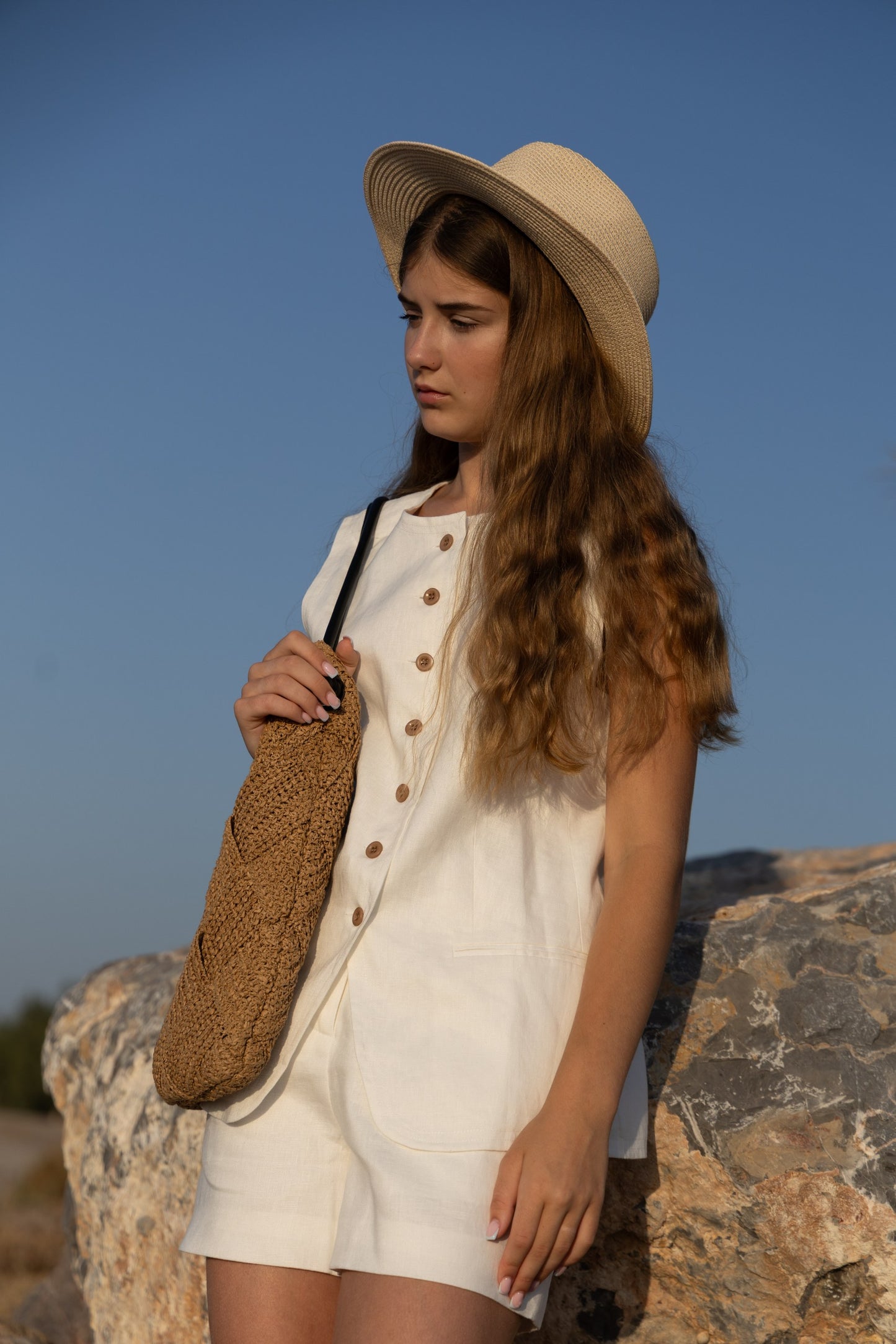 White linen set with vest and shorts