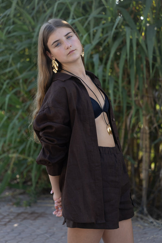 Brown linen set with shirt and shorts